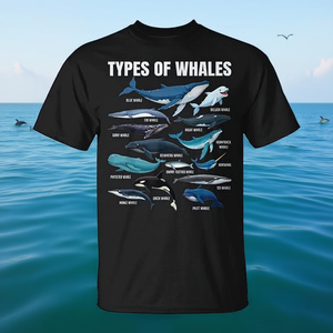 T-shirt educativa promozionale per appassionati di vita marina e biologi con illustrazioni di diversi tipi di balene - Product Image 3