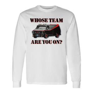 Maglietta a maniche lunghe nera con stampa “Whose Team Are You On”, icona della pop culture, abbigliamento promozionale unisex per adulti - Product Image 1