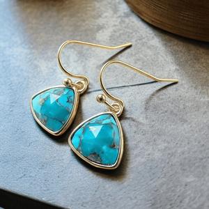Fait à la main à facettes trillion forme cuivre Turquoise lunette réglage balancent boucles d'oreilles de luxe 925 en argent Sterling bijoux en gros - Product Image 6