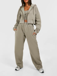 Venta caliente logotipo personalizado 2 piezas conjunto 100% algodón Jogging conjunto mujeres venta al por mayor chándal deportivo recortado cremallera señoras chándal - Product Image 3