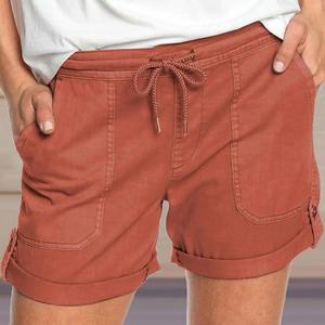 กางเกงกีฬาขาสั้นเอวสูงสำหรับผู้หญิงสีทึบมีเชือกรูดมีกระเป๋าสองกระเป๋าสำหรับฤดูร้อน - Product Image 5