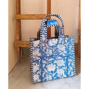 Blue Floral Mini Handblock Cotton <b>Tote</b> <b>Bag</b> Eco-Friendly Durable Rope Handle Medium Size for Daily Use - Product Image 1