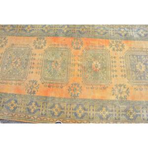 Vintage Turkish <b>Rug</b> Classic Orange Green Patchwork Design 4.3x9.8ft Wool Viscose Material Latex Backing for Living Room <b>Bedroom</b> - Product Image 5