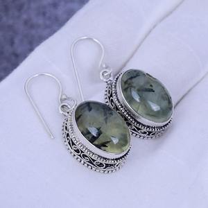 Boucles d'oreilles de style bohème plaqué argent sterling 925 à la mode pierre précieuse de Prehnite naturelle lunette en pierre naturelle approvisionnement d'anniversaire - Product Image 3