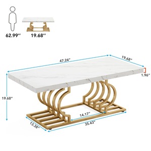 Table basse de luxe au design écologique moderne, plateau en faux marbre blanc et or, base en métal doré géométrique - Product Image 6