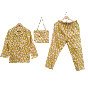 Traje de noche con bolsa L/XL suave algodón estampado Mujer estética camisa pijama suave verano/invierno traje de baño 100% algodón Pijama conjunto - Product Image 1