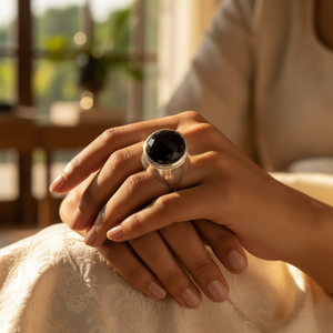 Fine <b>Rhodium</b>-Plated Sterling Silver <b>Ring</b> with 10mm Black Onyx Stone for Women - Product Image 1