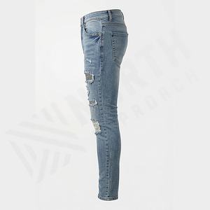 Nouveauté : Jean skinny en denim patchwork avec cristaux de couleur personnalisés, extensible, slim, déchiré, avec des trous empilés aux genoux - Product Image 3