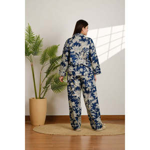 Ensemble de pyjama floral pour femmes, manches longues, longueur complète, en spandex tissé, doux, décontracté, col rabattu, taille élastique, respirant - Product Image 6