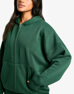 Venta al por mayor 100% algodón de gran tamaño Drop Shoulder mujer chándal Full Zip Up Sudadera con capucha y pantalón acampanado personalizado mujeres Jogging Set - Product Image 4