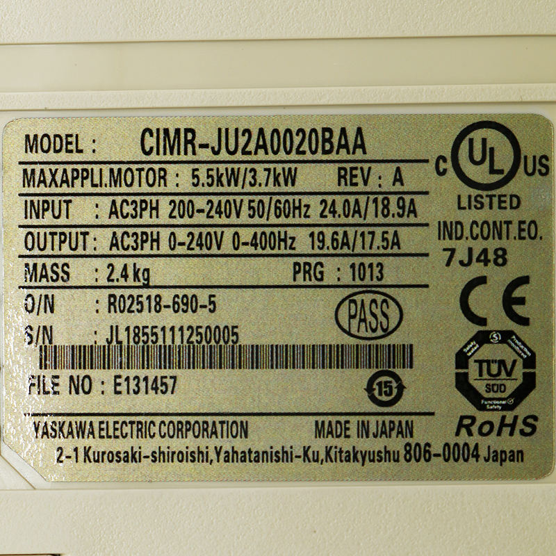 Yaskawa VFD CIMR-JU2A0020BAA - 1-Year Warranty & DHL Shipping