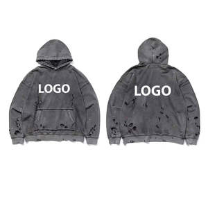 Custom Logo <b>Oversized</b> Acid Washed Distressed Hoodies Men Ripped Vintage Hoodies Wholesale Heavy Weight <b>Hoodie</b> - Product Image 6