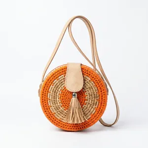 Bolso Redondo Mini Bohemio de Rafia con Cierre de Solapa con Borlas, Correa para el Hombro, Forro de Algodón, Moda para Todas las Temporadas, Bolso de Mano para Mujer - Product Image 3