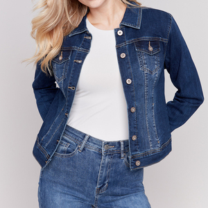 Best Selling Women's Winter Casual 100% Cotton Denim Jacket Finished <b>Stand</b> Button Custom Logo Embroidery Breathable Canvas Long - Product Image 6