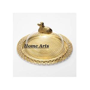 Bandeja para servir alimentos martillados de metal con tapa acrílica Bandeja para servir frutas secas de color dorado de calidad superior a la venta - Product Image 1