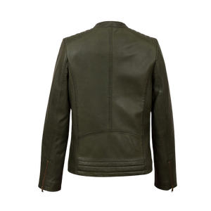 Ras du cou col montant plaine femmes en cuir d'agneau véritable veste avant poches zippées vert olive solide Biker veste - Product Image 2