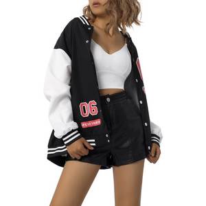 Chaqueta Varsity Personalizada para Mujer con Mangas de Cuero, Logotipo Bordado, Chaqueta de Béisbol Estilo Letterman Extra Grande - Product Image 4
