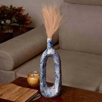 Vase à fleurs creux en céramique bleue, décoration de table, art déco chinois, style rustique contemporain, fait main, moderne, basse contenance