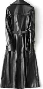 Último diseño de cuero PU negro liso abrigo largo Mujer a prueba de viento doble botonadura chica invierno cálido grueso hecho a mano al aire libre abrigo - Product Image 5