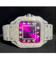 Montre de luxe pour homme en acier inoxydable avec cadran carré en verre rose, sertie de moissanite VVS, bracelet en acier inoxydable, chronographe à quartz, style hip-hop