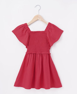 Girls <b>Red</b> Off-Shoulder Smocked Cotton Eco-Friendly <b>Dress</b> with Regular Sleeves Beach Mini Solid Color Cute Summer Style - Product Image 3