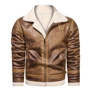 Veste en cuir pour homme en peau de mouton épaisse d'automne/hiver avec col montant et logo frontal pour la conduite à moto par temps froid - Product Image 2