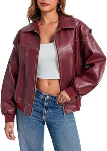 Chaquetas de bombardero de cuero de gran tamaño para mujer Abrigos de motocicleta con cremallera de manga casquillo con bolsillos - Product Image 6