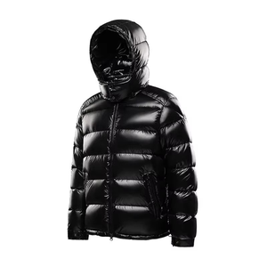 Chaqueta Acolchada Negra Brillante para Hombre con Capucha, Bordada, de Poliéster y Nailon, Elegante y Abrigada para Aventuras al Aire Libre - Product Image 1
