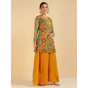 DEEBACO Floral Printed Chiffon Deep V-Neck Breathable <b>Kurti</b> With Inner Crop <b>Top</b> & Georgette Sharara Fusion Co-ord Set For Womens - Product Image 5