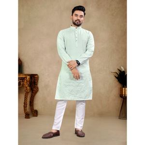 Seda Tailandesa Con Lucknowi Trabajo Kurta Pijama Para Hombre - Product Image 5