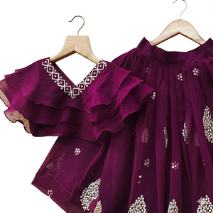 Shoryam Fashion Lehenga indien violet pour filles, tenue de fête longue jusqu'au sol, choli superposé fantaisie, ensemble jupe ethnique imprimée pour enfants, Diwali - Product Image 2