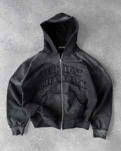 Streetwear personnalisé Boxy Fit recadrée diamant lavage à l'acide délavé au soleil 400gsm lourd sweat à capuche zippé strass - Product Image 6