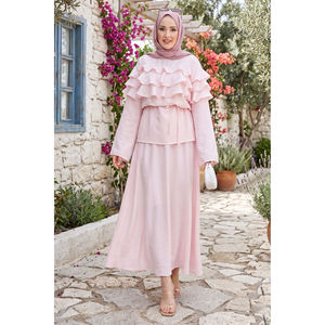 Ensemble jupe rose à volants superposés en tissu crêpe XS-XXL, tenue d'été 2 pièces avec short - Product Image 1