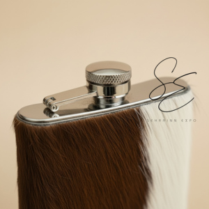 Funda para petaca de 7oz de acero inoxidable con cubierta de cuero auténtico con pelo, estilo rústico occidental, personalizada para whisky y licor. - Product Image 1