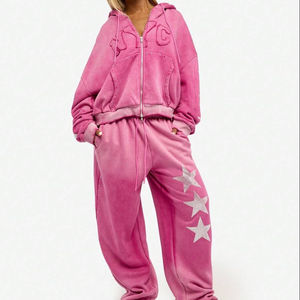 Survêtement unisexe à capuche décontracté, couleur unie, délavé à l'acide, avec broderie et logo appliqué, style streetwear, personnalisé, longueur intégrale, respirant - Product Image 1