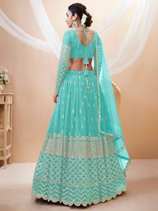Lehenga Choli en Georgette de Polyester Bleu Aqua, Broderie Zari et Paillettes, Manches Brodées Évasées de 3,5 m, Longueur Ras du Sol, Séchage Rapide, Style Bollywood - Product Image 3