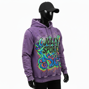 Premium cotton fleece hoodie in purple wash with distressed detailing vibrant screen print graphic and custom logo Basics Hoodie - Product Image 2