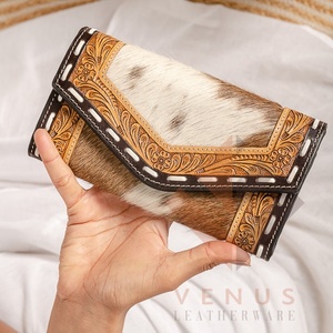 High Quality Women's Genuine Leather Purse Wallet Fashionable <b>Long</b> Design Clutch <b>Bag</b> with Open Closure and Decorative Feathers - Product Image 1