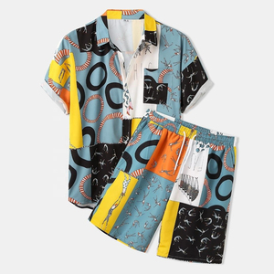 Ensemble 2 pièces pour vacances d'été pour hommes Chemise à manches courtes imprimée de style hawaïen blanc Short fin Ensemble de plage solide pour hommes - Product Image 5