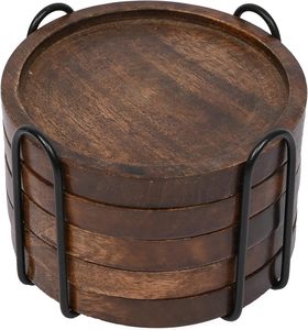 Juego de 5 Posavasos Minimalistas Ecológicos de Madera de Acacia con Soporte de Hierro, Alfombrillas para Protección de Mesa, Bebidas, Cualquier Mesa - Product Image 5
