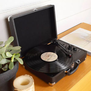 Valise vinyle personnalisée pour <span class=keywords><strong>enregistreur</strong></span> à platine vinyle Valise elliptique en cuir PU à dents bleues Boîte de tourne-disque - Product Image 6