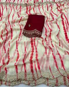 Nouveau sari en mousseline pour femmes avec de magnifiques broderies et une bordure festonnée Fabriqué en Inde - Product Image 2