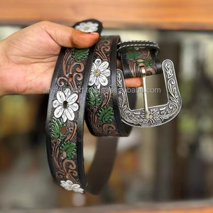 Newest Woman's <b>Tooled</b> Western Style Steer White Flower Leaf <b>Tooling</b> Cowgirl Custom Rodeo Hand <b>Tooled</b> <b>Leather</b> Western <b>Belt</b> - Product Image 4