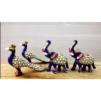 Ensemble de 2 figurines décoratives en bois artisanales Paon et Éléphant (Décoration intérieure traditionnelle indienne Art Déco pour la maison)