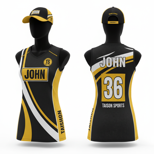 Camiseta de Netball para Mujer, 150 GSM, Malla de Poliéster de Alto Rendimiento, Negra con Paneles Laterales Amarillos y Blancos, Sublimación, Nombre y Número Personalizados - Product Image 1