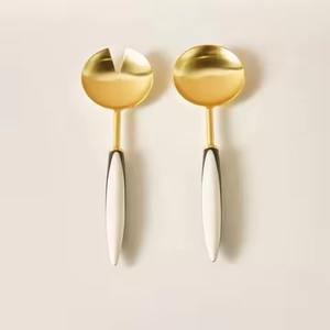 Juego de Cuchara y Tenedor para Servir Ensaladas, Diseño Redondo y Largo, Acabado Dorado Pulido, para Bodas - Product Image 6