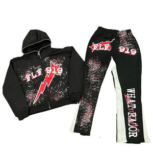 Personalizado vintage zip up Sudadera con capucha y pantalones de chándal Jogger conjunto de dos piezas de la pantalla DTG impresión chándal lavado ácido hombres chándales - Product Image 3