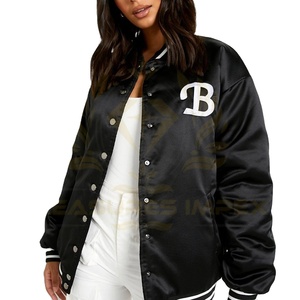 Blousons aviateur en satin avec broderie pour femmes vestes à manches longues style baseball universitaire avec logo - Product Image 1