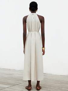 Wholesale Woven Natural Washable Short Sleeve Regular Fit Maxi Dress <b>Ladies</b> Split <b>White</b> Black Beach Boho Summer - Product Image 2