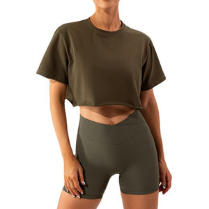 Conjunto de Yoga corto personalizado conjunto de Yoga atlético para mujer entrenamiento Fitness deportes Sexy Crop Tops camisetas para mujeres de gran tamaño - Product Image 2